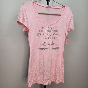Stretchy, Pink "Coffee Then Lashes"  V-neck Short Sleeves Shirt